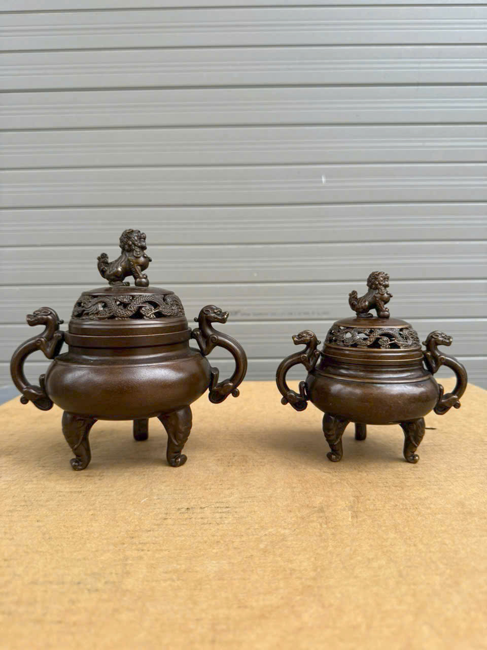 Bộ Lư Trầm Bằng Đồng Giả Cổ Nắp Nghê Hai Kích Thước